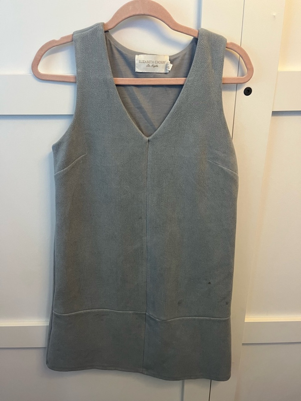 Elizabeth Crosby Suede V-Neck Shift Dress in Dusty Blue
